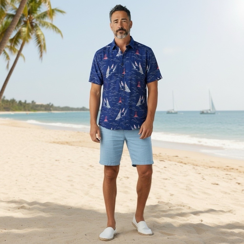 IZOD Saltwater Mens XLT‎ Dockside Chambray 100% Cotton Boat Print Button Down